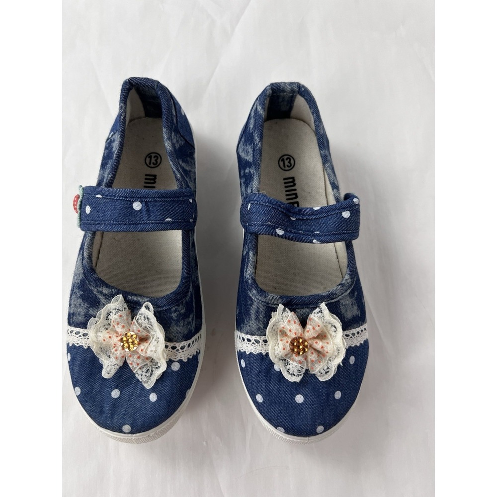 Mine Denim Mary Jane Girll's Polka Dot Shoes‎ And Socks Size 13